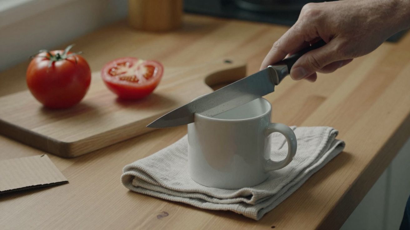Pessoa segurando faca sobre xícara branca em pano na bancada de madeira com tomate cortado ao fundo.
