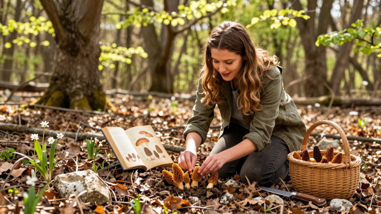 Mulher colhendo cogumelos em floresta com livro aberto e cesta ao lado.