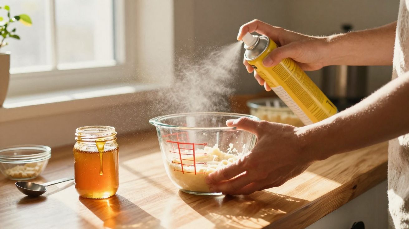 Pessoa borrifando spray culinário em uma tigela com massa para cozinhar na cozinha iluminada.