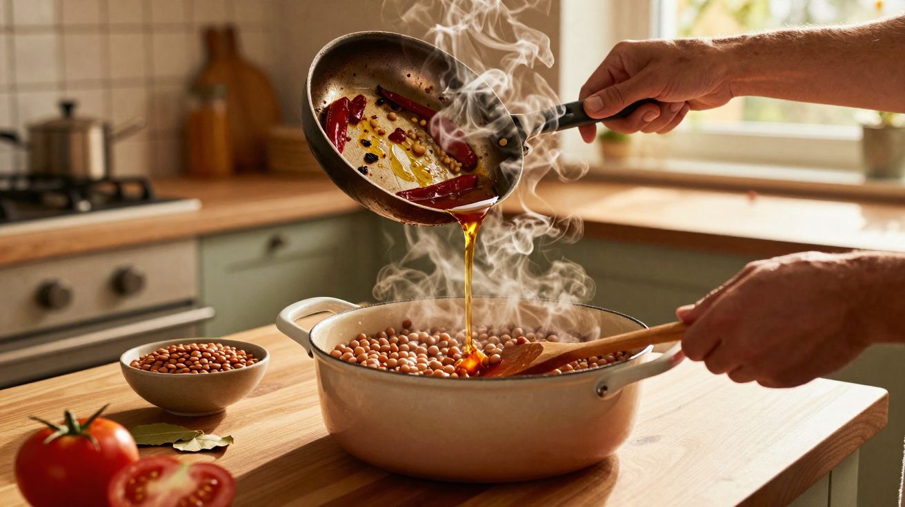 Pessoa adiciona óleo com pimenta vermelha e temperos em panela de feijão cozinhando na cozinha.