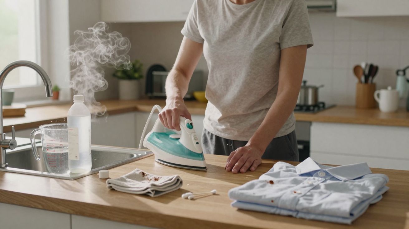 Pessoa passando ferro em uma mancha em camisa azul clara sobre bancada na cozinha.