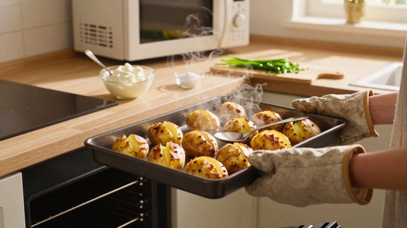 Pessoa segurando assadeira com batatas assadas fumegantes na cozinha doméstica.