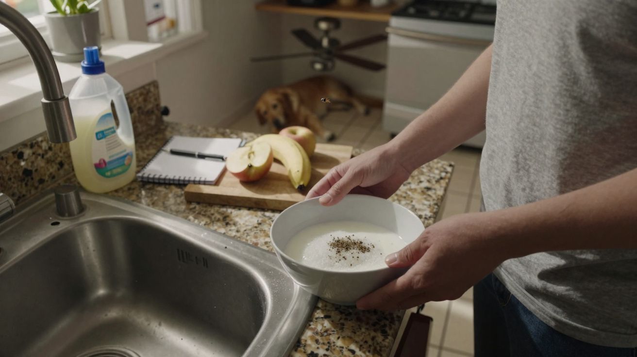 Pessoa segurando tigela com sopa ao lado de pia na cozinha, com frutas e cachorro ao fundo.
