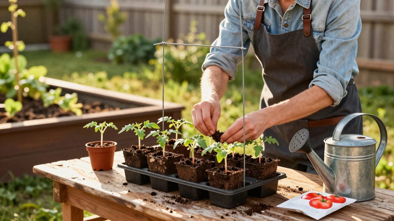 Pessoa plantando mudas de tomate em pequenos vasos em uma mesa de madeira ao ar livre.
