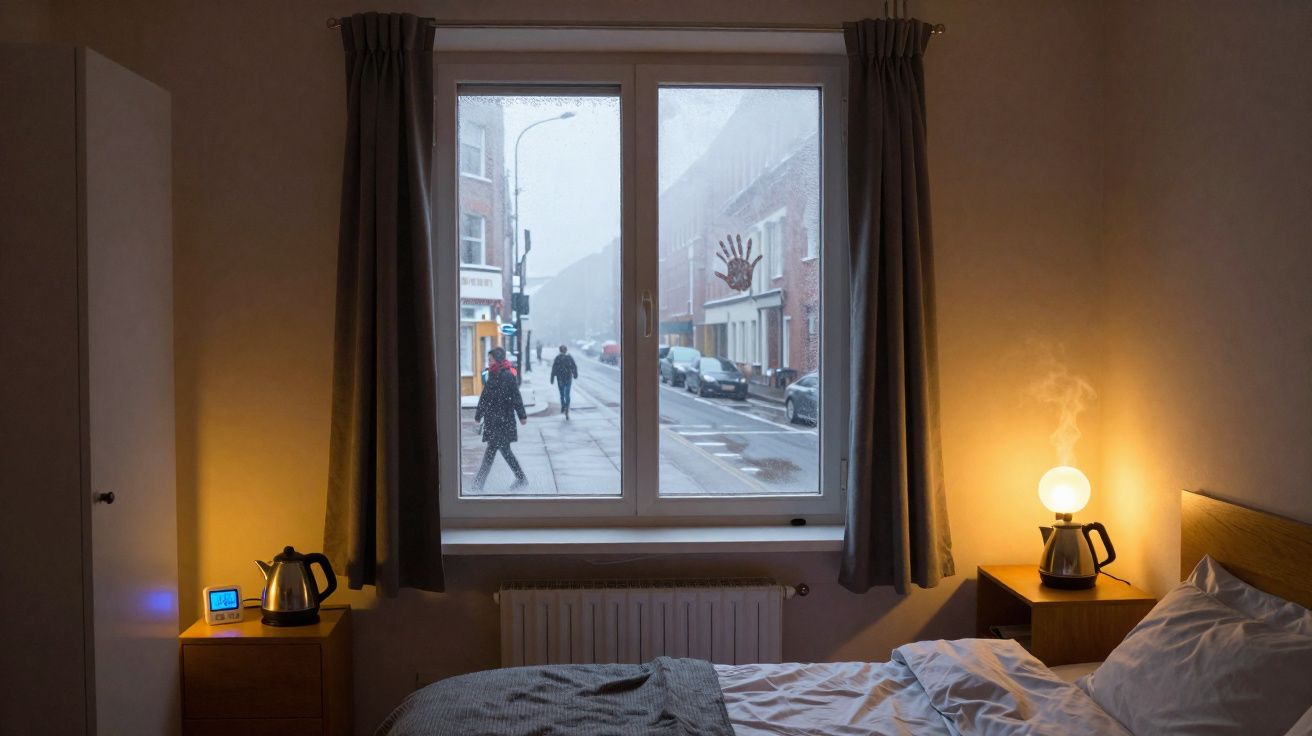 Quarto com cama desarrumada, janelas com vista para rua chuvosa e chaleira elétrica emitindo vapor.