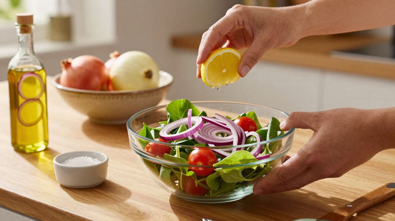 Mãos espremendo limão sobre salada com tomate, espinafre e cebola roxa em tigela de vidro na cozinha.