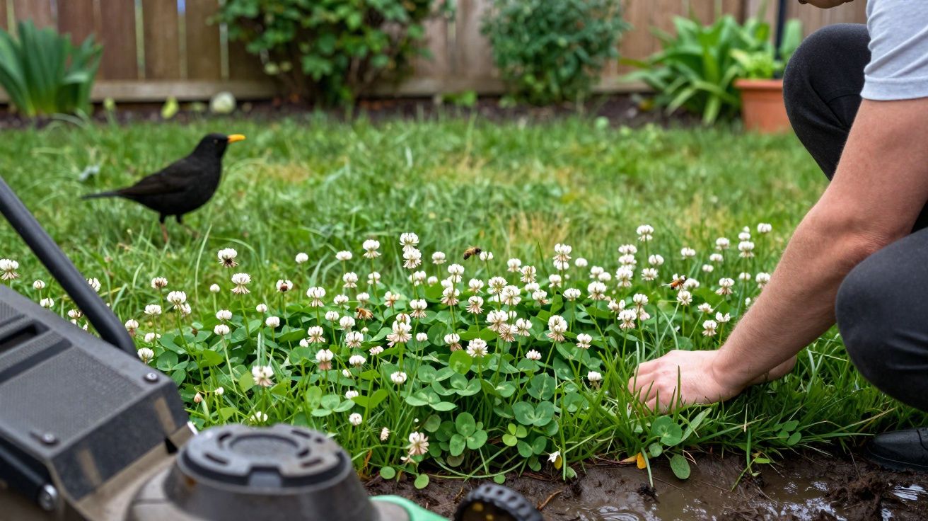 Pessoa cuidando de jardim com flores brancas e grama, com pássaro preto ao fundo e cortador de grama à esquerda.