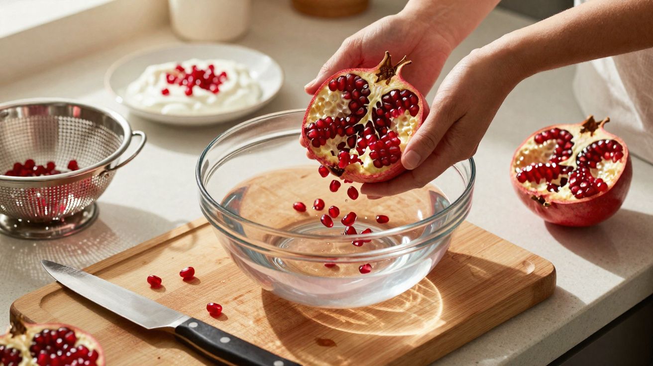 Mãos retirando sementes de romã com faca, tábua, tigela de vidro e peneira na bancada da cozinha.