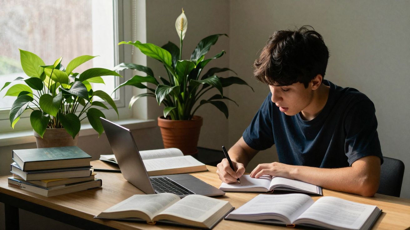 Jovem estudando e escrevendo em caderno com livros abertos e laptop em mesa próxima à janela.
