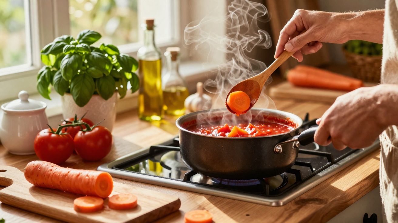 Pessoa mexendo sopa de tomate com cenoura em panela no fogão com ingredientes frescos na bancada.