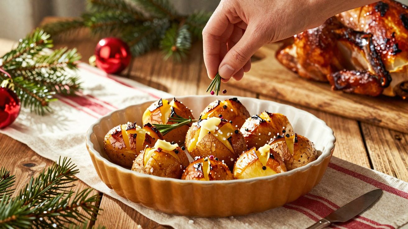 Batatas assadas com manteiga e alecrim em travessa, ao fundo peru assado e decoração natalina.