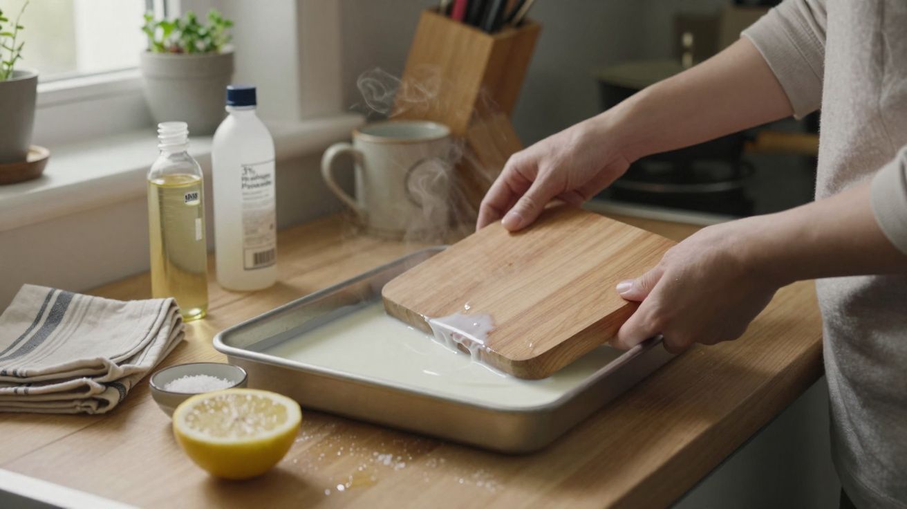 Pessoa limpando tábua de madeira com vinagre e leite em bandeja na cozinha iluminada por luz natural.