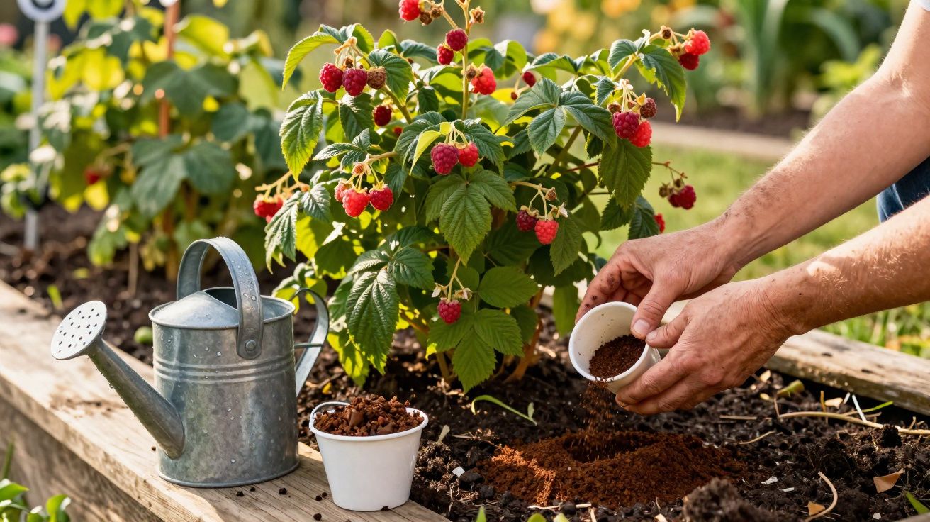 Pessoa adubando planta de framboesa em canteiro elevado com regador ao lado em jardim ensolarado.