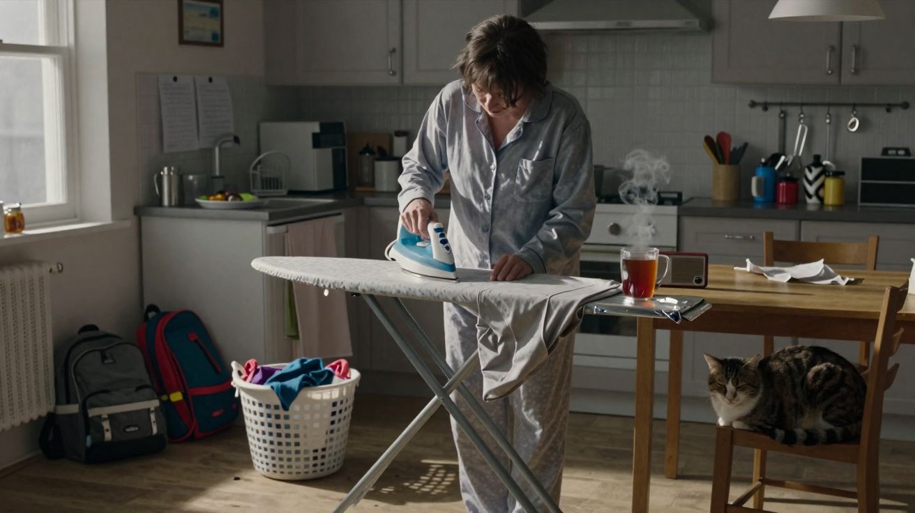 Pessoa de pijama passando roupa em tábua de passar em cozinha, gato sentado em cadeira próxima.