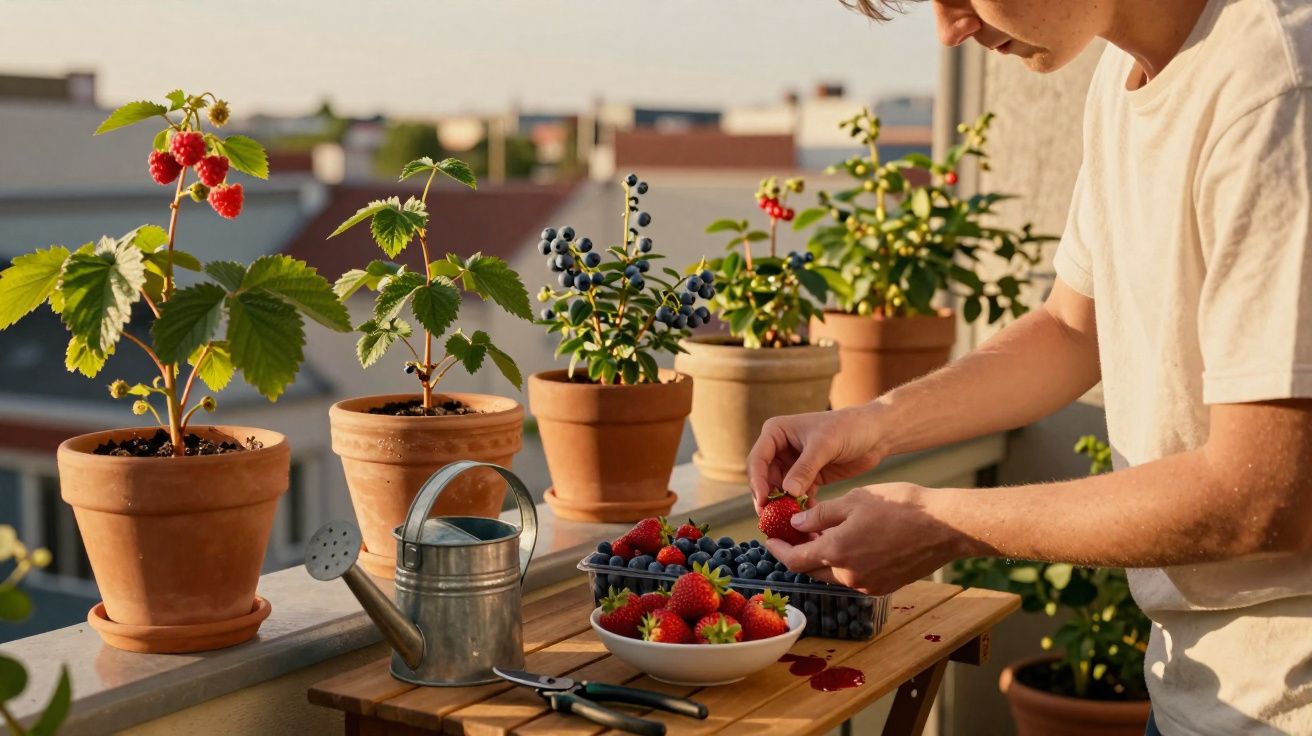 Pessoa colhendo morangos em vasos com várias frutas em uma varanda ensolarada.