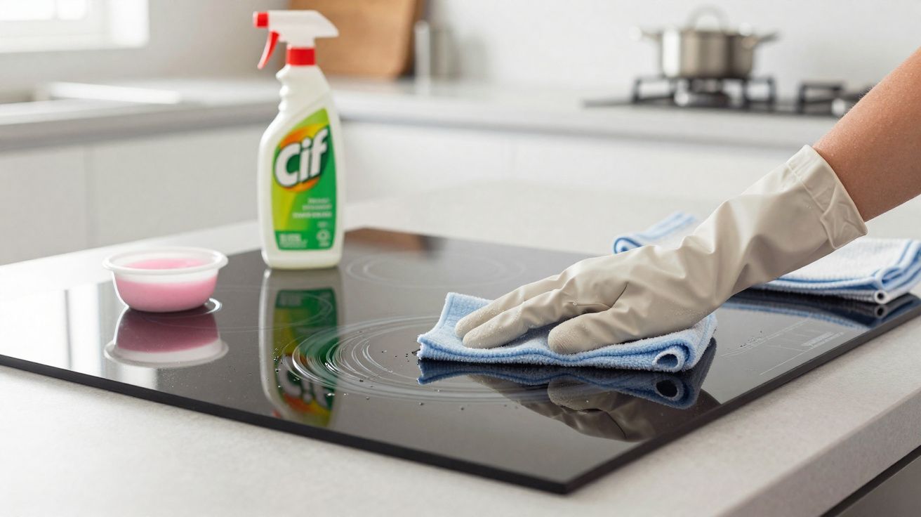Mão com luva limpando fogão de vidro com pano azul e produto de limpeza Cif sobre bancada branca.