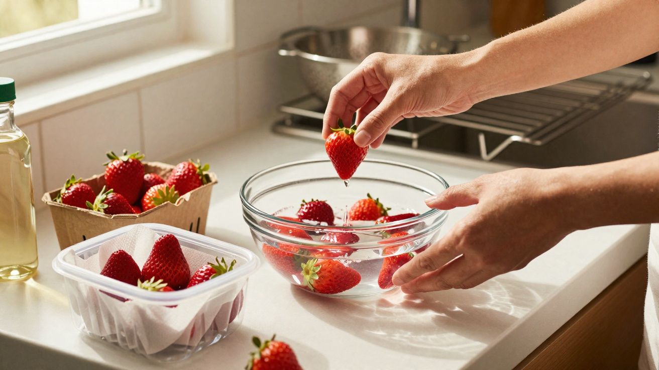 Mãos lavando morangos em uma tigela de vidro cheia de água na cozinha iluminada pelo sol.