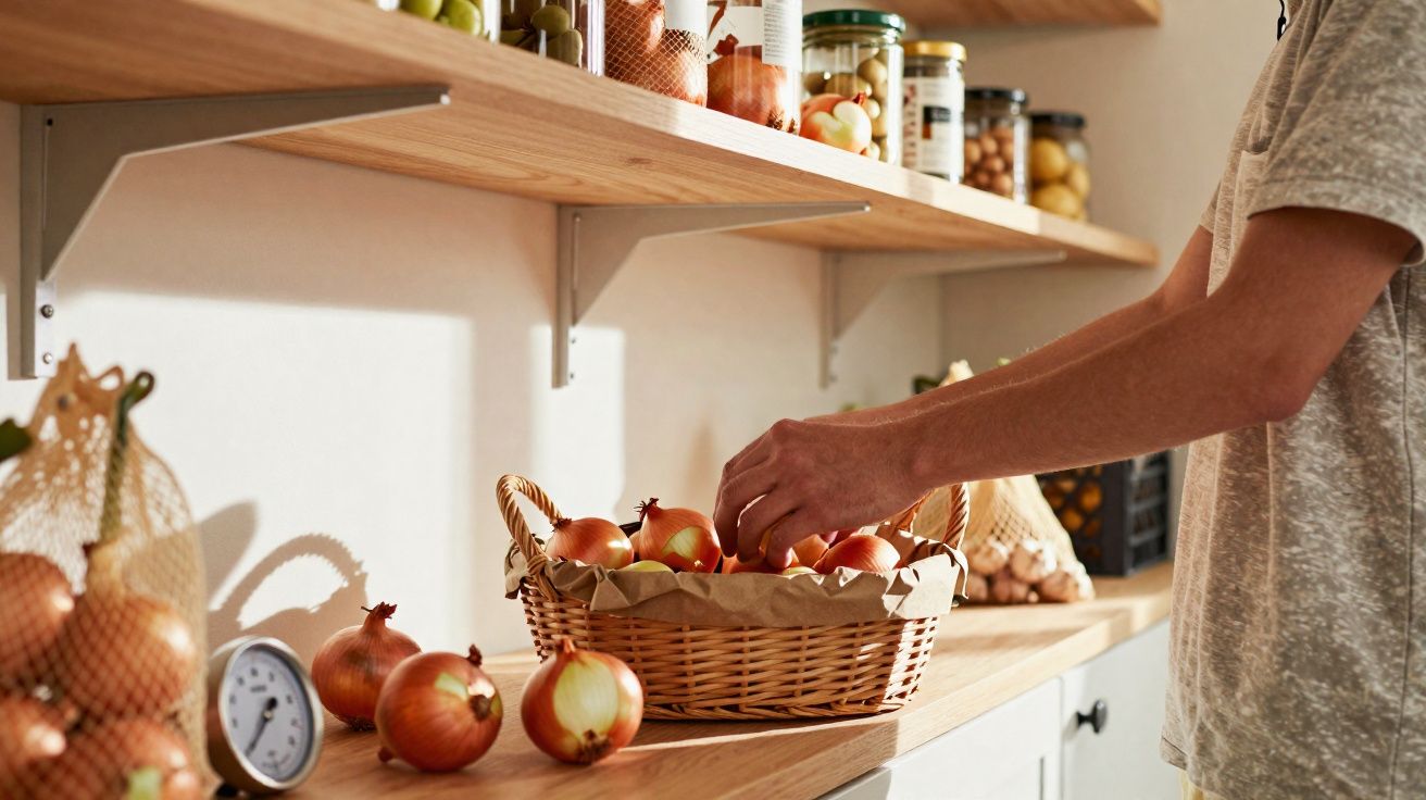 Pessoa escolhendo cebolas em cesta de vime em cozinha com prateleiras de mantimentos e utensílios.