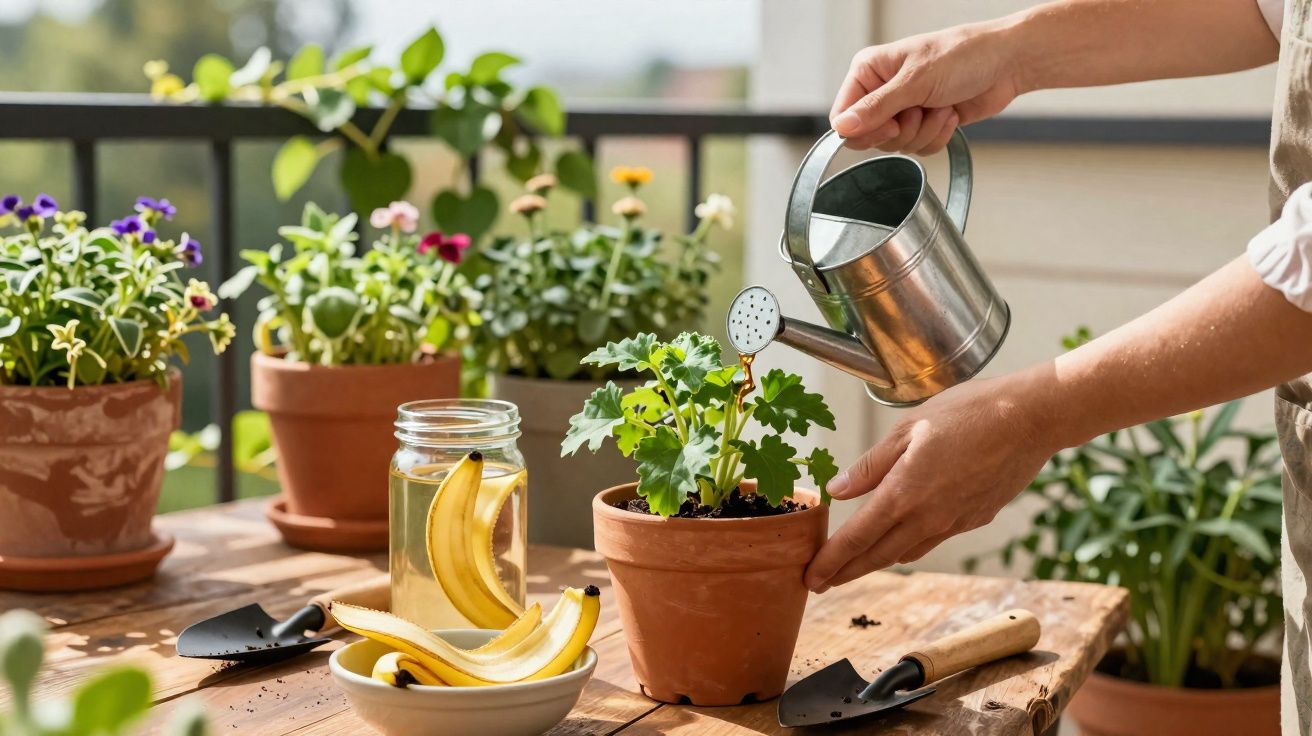 Pessoa regando planta em vaso de cerâmica sobre mesa de madeira com outras plantas e ferramentas de jardinagem.