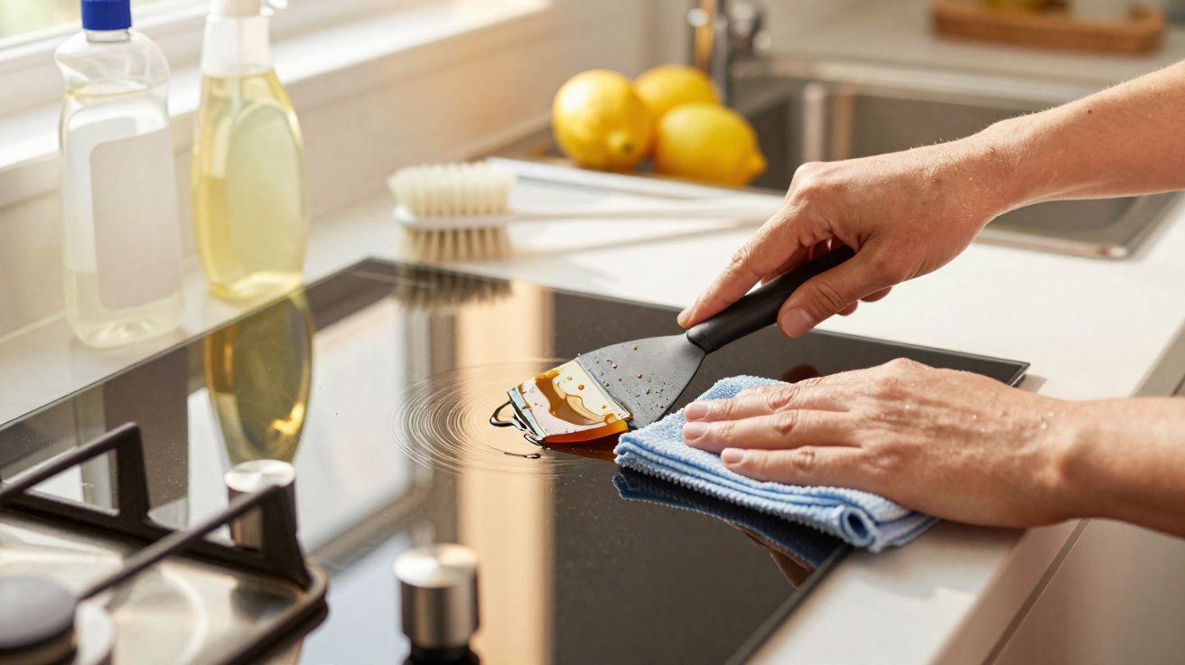 Pessoa limpando fogão de vidro preto com espátula e pano azul na cozinha moderna.