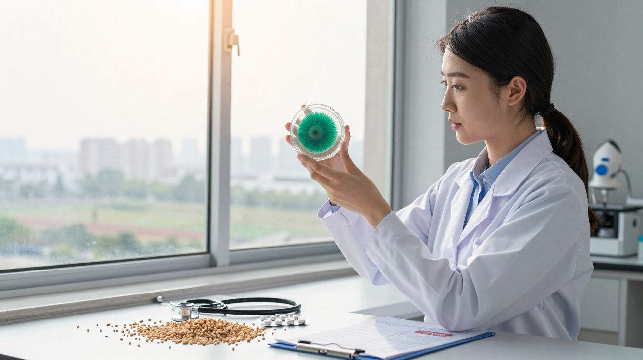 Cientista examina cultura bacteriana verde em placa de Petri em laboratório iluminado pela luz do dia.