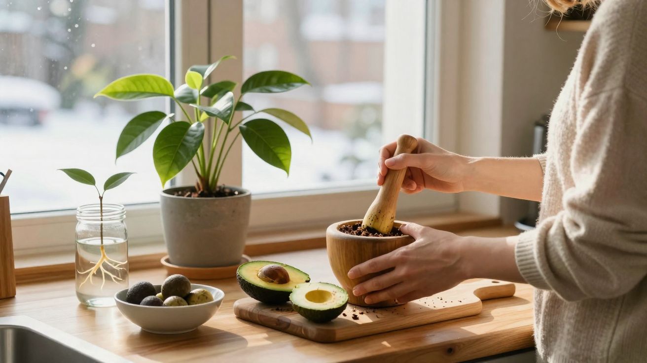 Pessoa usando pilão para moer ingredientes em uma cozinha iluminada com abacate e plantas ao fundo.