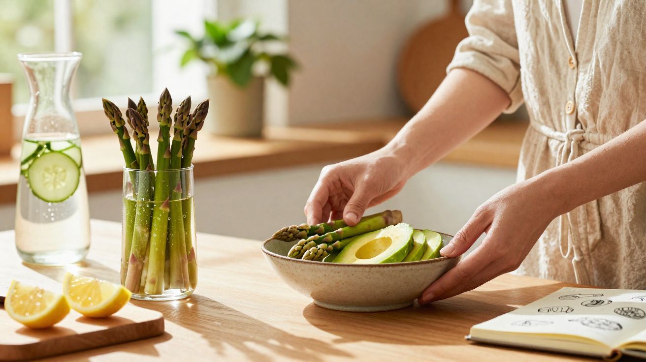 Pessoa organizando aspargos e abacate em uma tigela na cozinha iluminada pela luz natural.