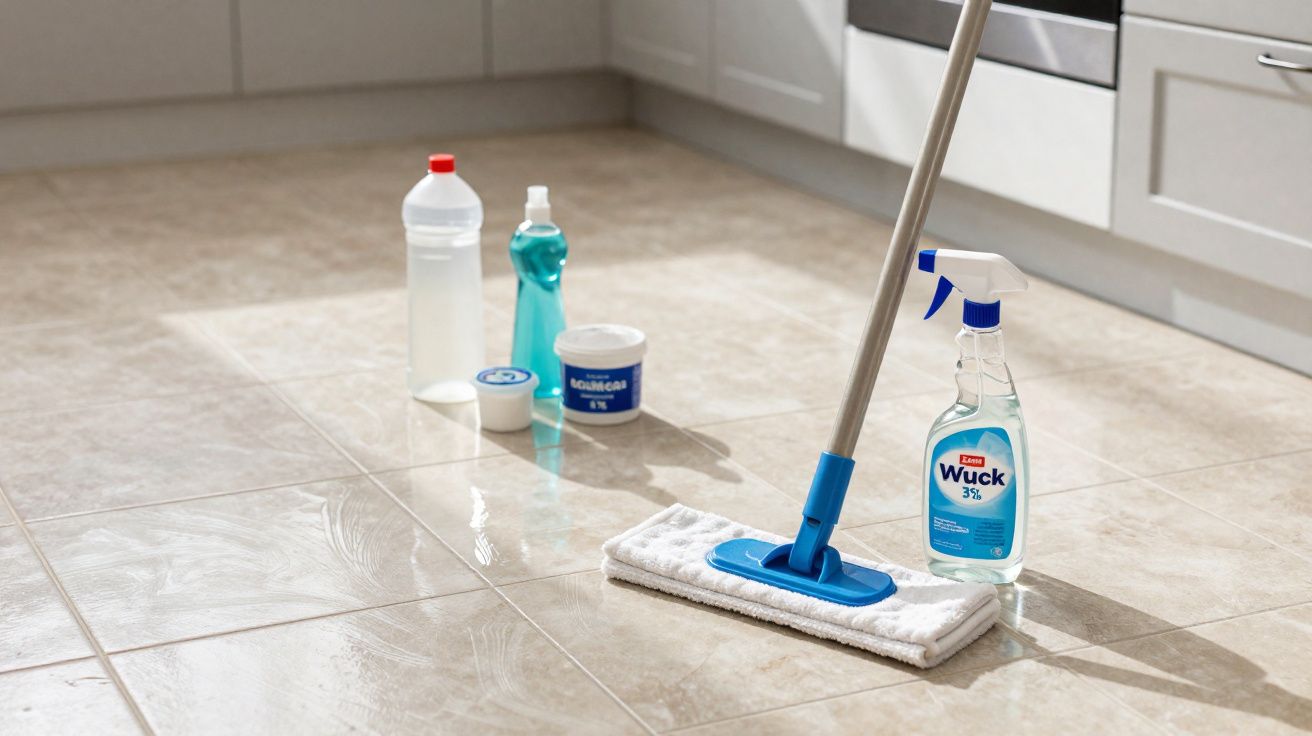 Produtos de limpeza sobre piso de cerâmica com rodo e pano branco para lavar chão em cozinha.