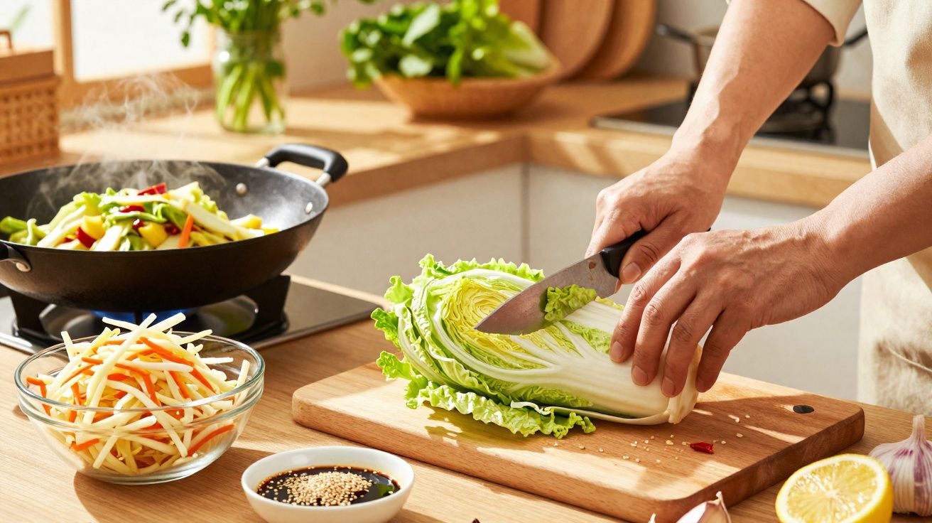 Pessoa cortando acelga em tábua de madeira na cozinha com legumes e molho ao redor.