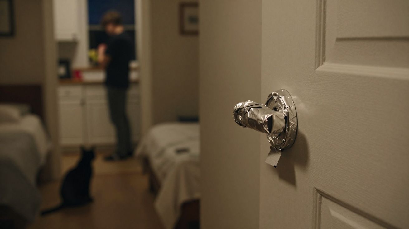 Macaneta da porta com papel alumínio e pessoa e gato desfocados em quarto ao fundo.