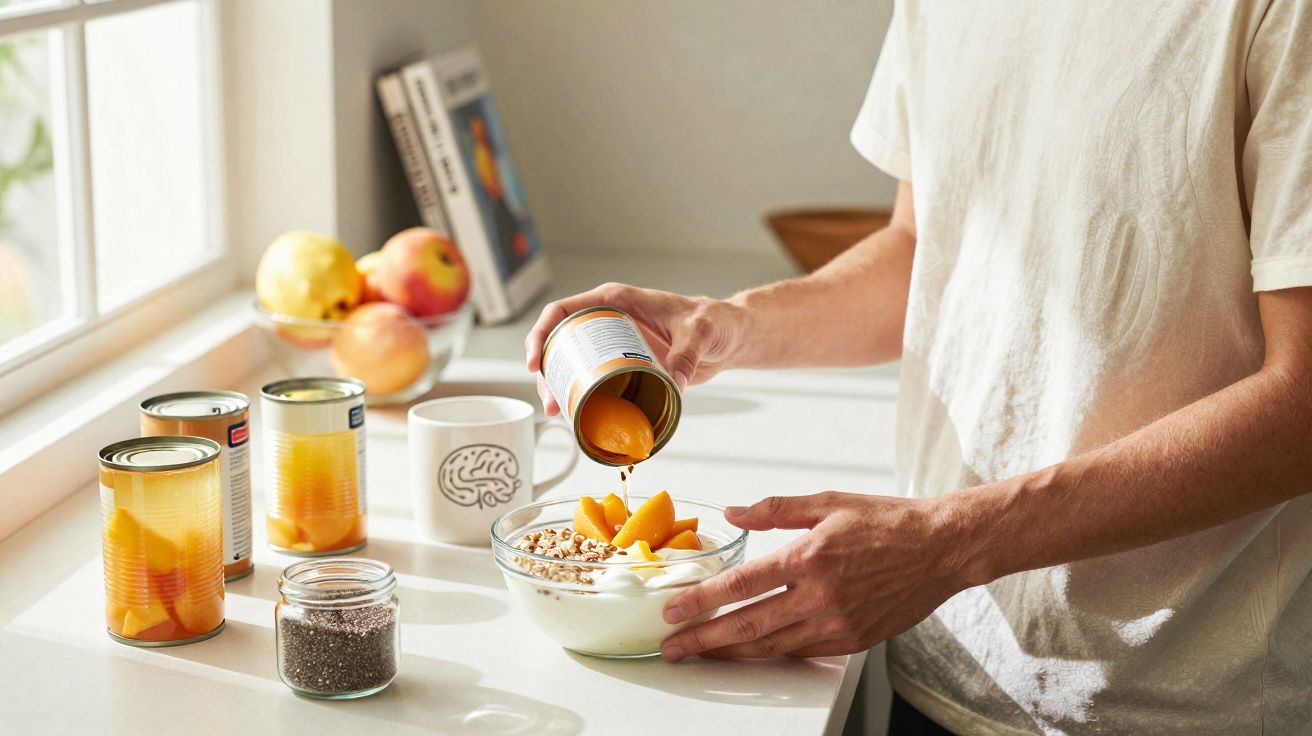 Pessoa servindo frutas em calda com iogurte e granola em tigela na cozinha iluminada por luz natural.