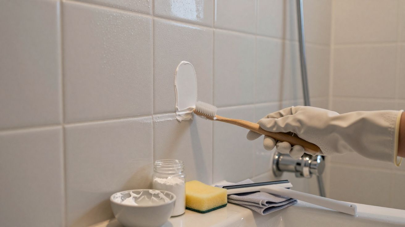 Pessoa aplicando massa branca em rejunte de azulejo no banheiro com escova e luva de borracha.