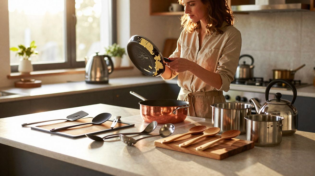 Mulher limpando frigideira em cozinha moderna com utensílios de cozinha organizados no balcão.