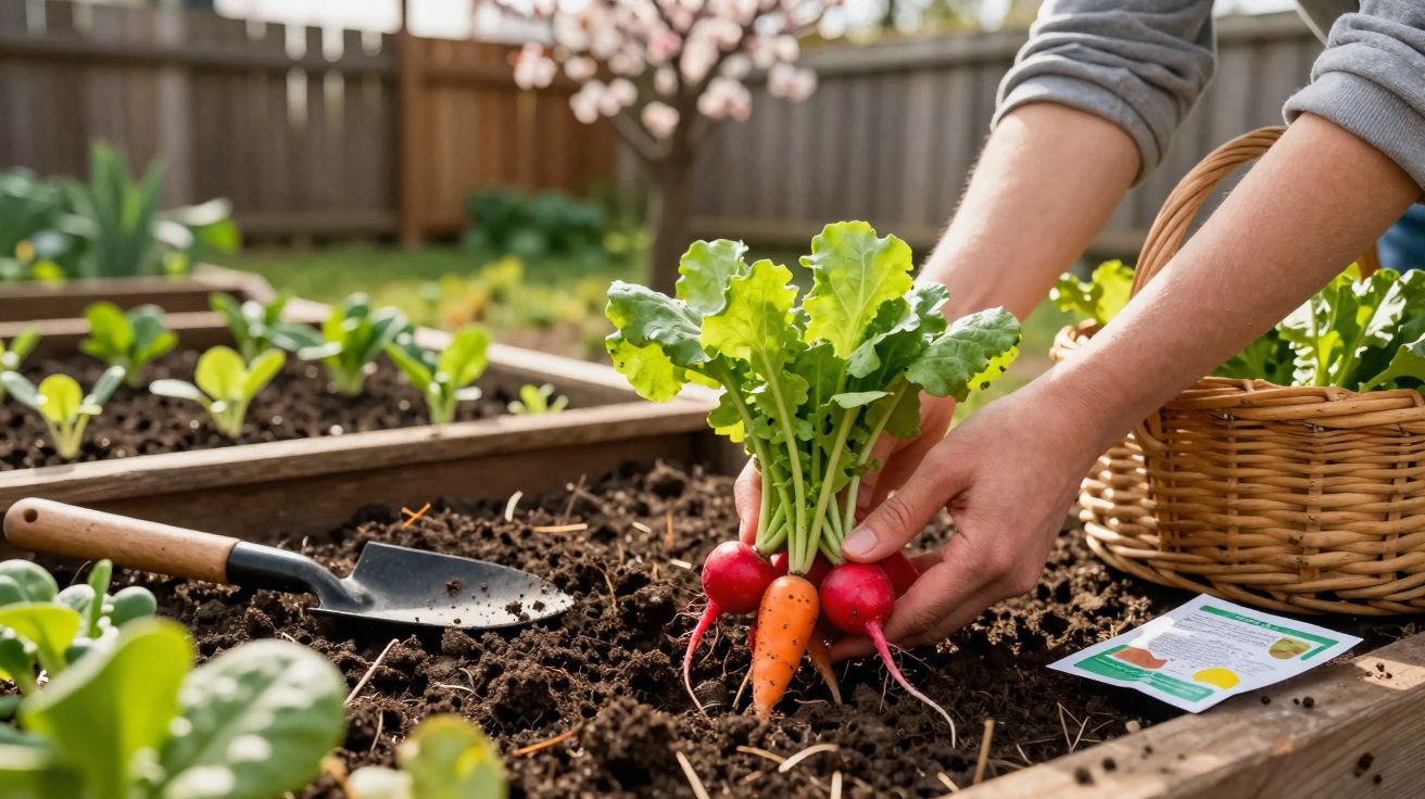 Pessoa colhendo cenoura e rabanetes em canteiro de jardim com plantinhas e pá ao lado.