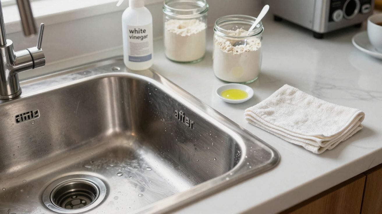 Pia de cozinha de aço inoxidável limpa, com vinagre branco, farinha, azeite e pano na bancada de mármore.