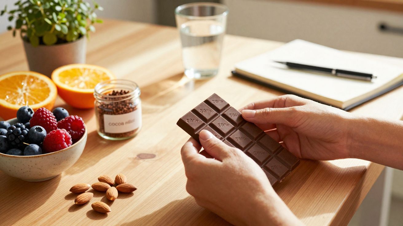 Pessoa segurando uma barra de chocolate meio amargo perto de frutas, amêndoas e potes sobre mesa de madeira.
