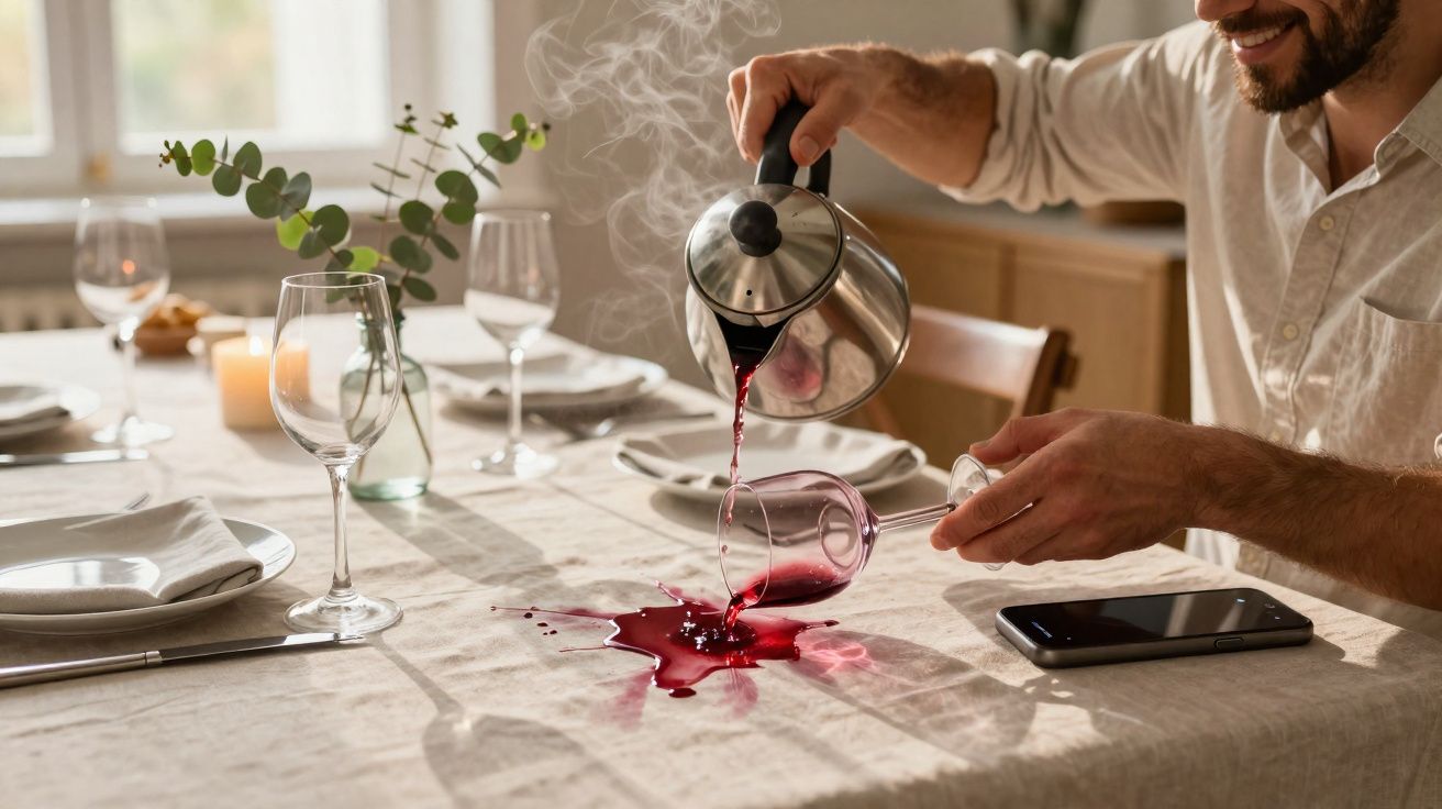 Homem derramando vinho tinto sobre a mesa com toalha branca em jantar iluminado por luz natural.