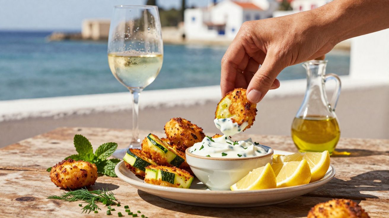 Mão mergulhando bolinho frito em molho, prato com legumes, limões e vinho branco à beira-mar.