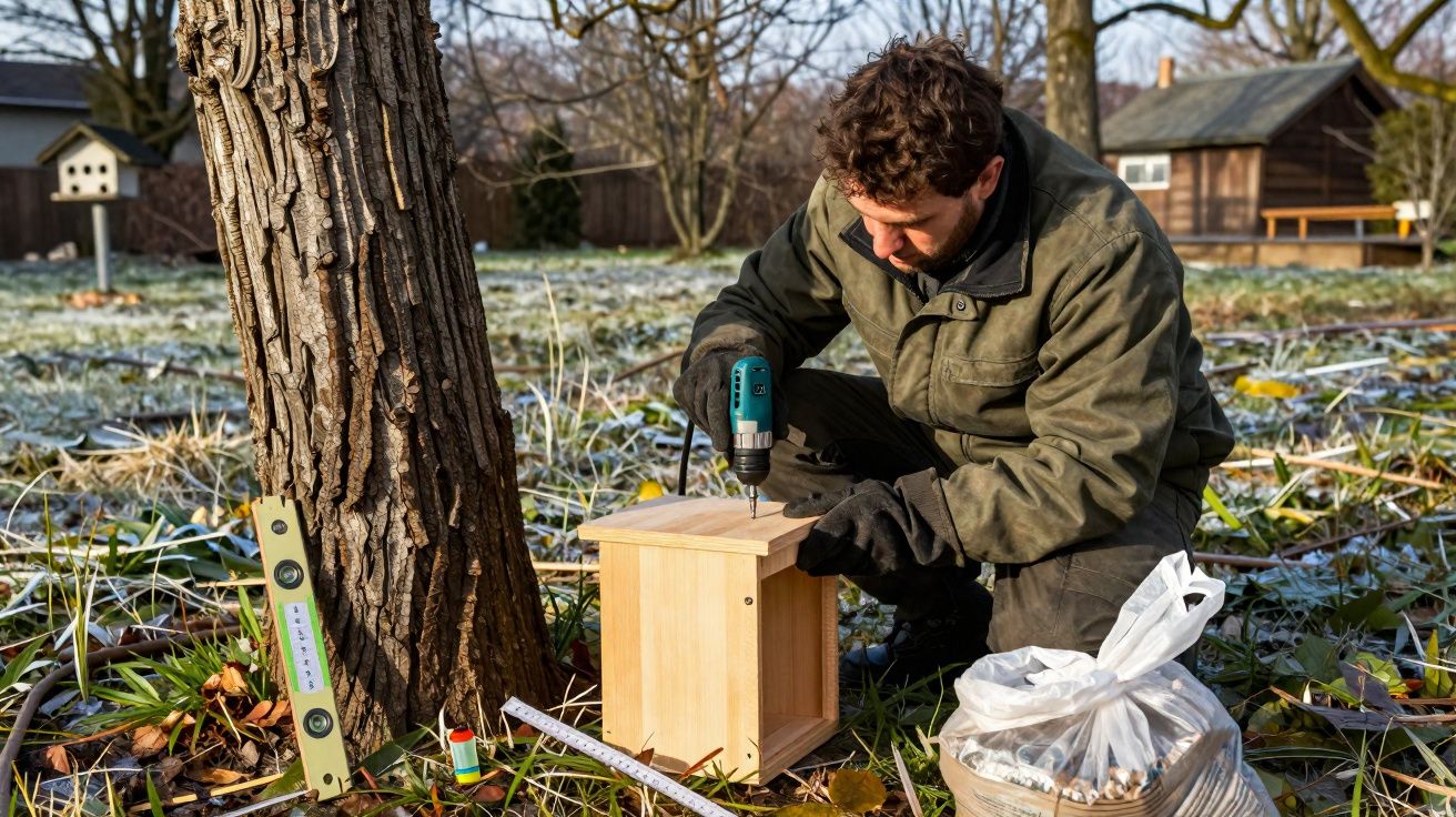 Homem usando furadeira para montar casa de madeira para pássaros em parque com árvores no fundo.