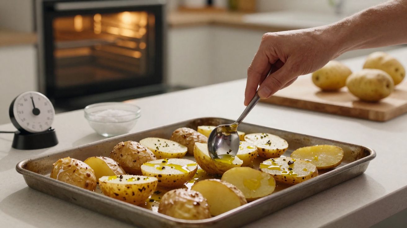 Mão regando batatas cortadas em uma assadeira com azeite, forno ligado e timer ao fundo na cozinha.