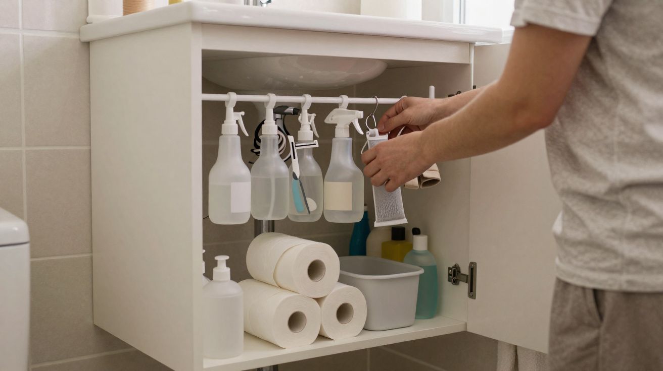 Gabinete de banheiro com suprimentos de limpeza, rolos de papel higiênico e frascos organizados em uma barra suspensa.