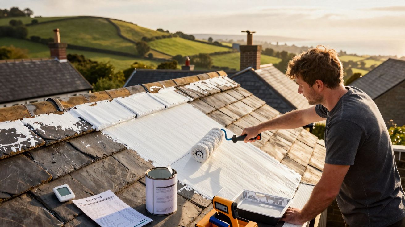 Homem pintando o telhado de casa com rolo de tinta branca em área rural ao entardecer.