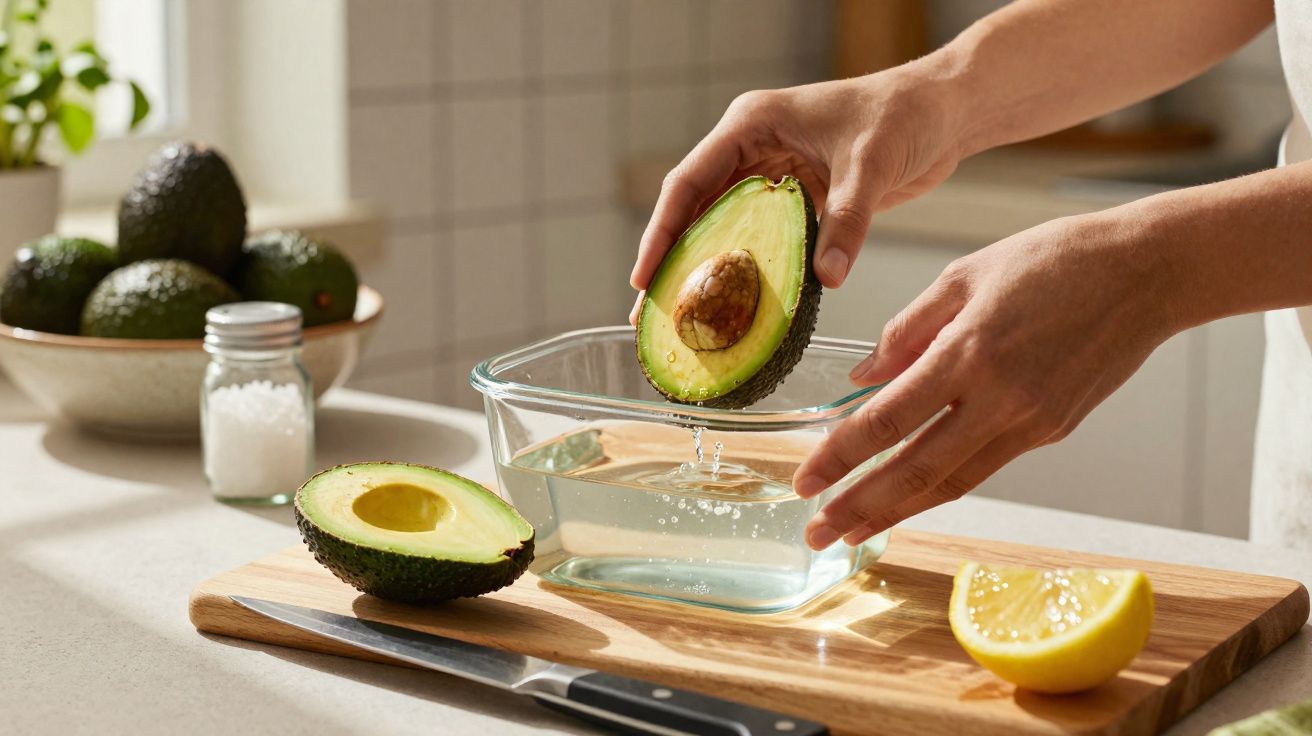 Mãos seguram abacate sobre recipiente com água, com outros abacates, limão e faca em tábua de madeira.