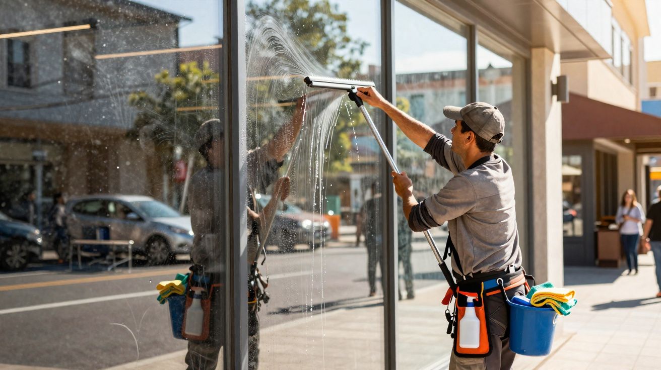 Homem limpando vidraça de loja com equipamento profissional em área urbana ensolarada.