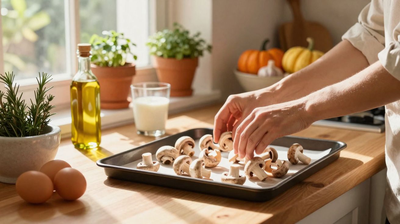 Mãos organizando cogumelos em assadeira na cozinha, com ovos, azeite e plantas ao fundo na janela.