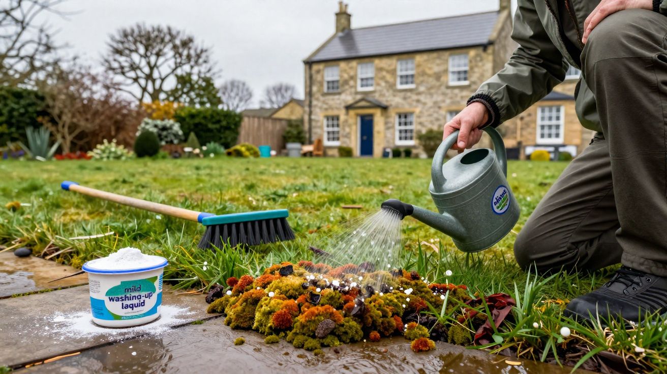 Pessoa regando musgo colorido em jardim com regador, ao lado de escova e detergente em pote.