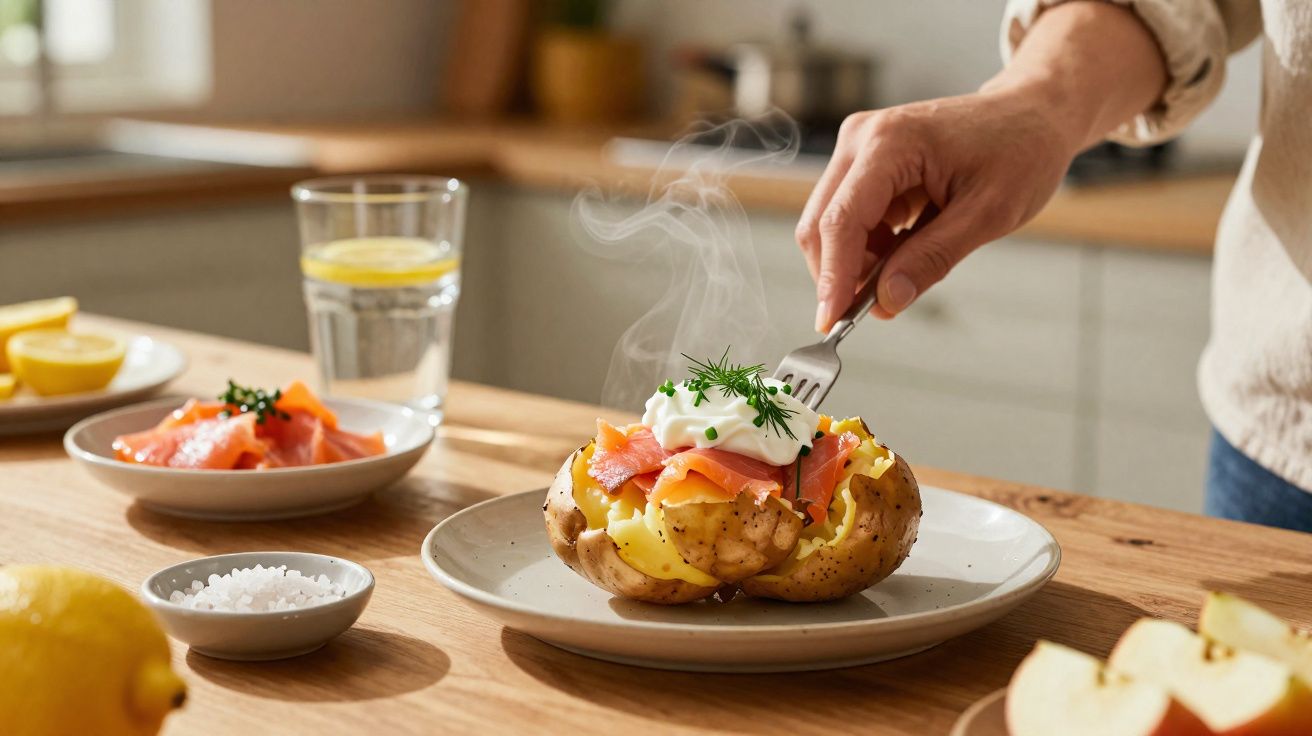 Mão segurando garfo espetando batata assada com queijo, salmão defumado, creme e ervas na mesa de madeira.