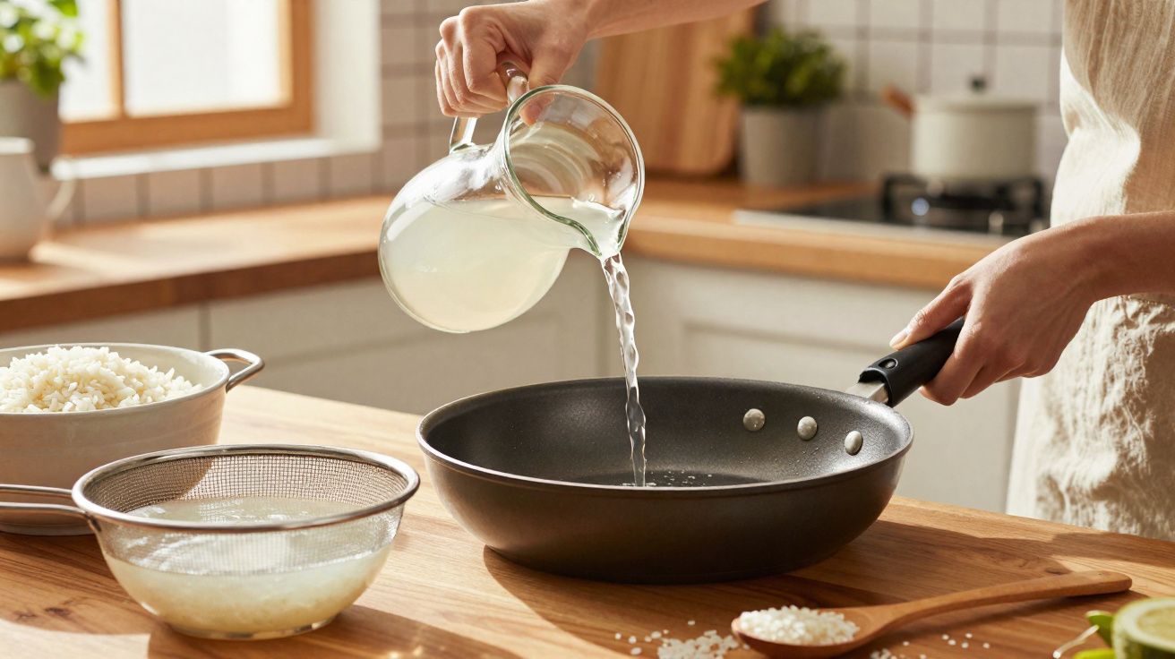 Pessoa despejando líquido em frigideira com arroz em utensílios na bancada de cozinha iluminada.