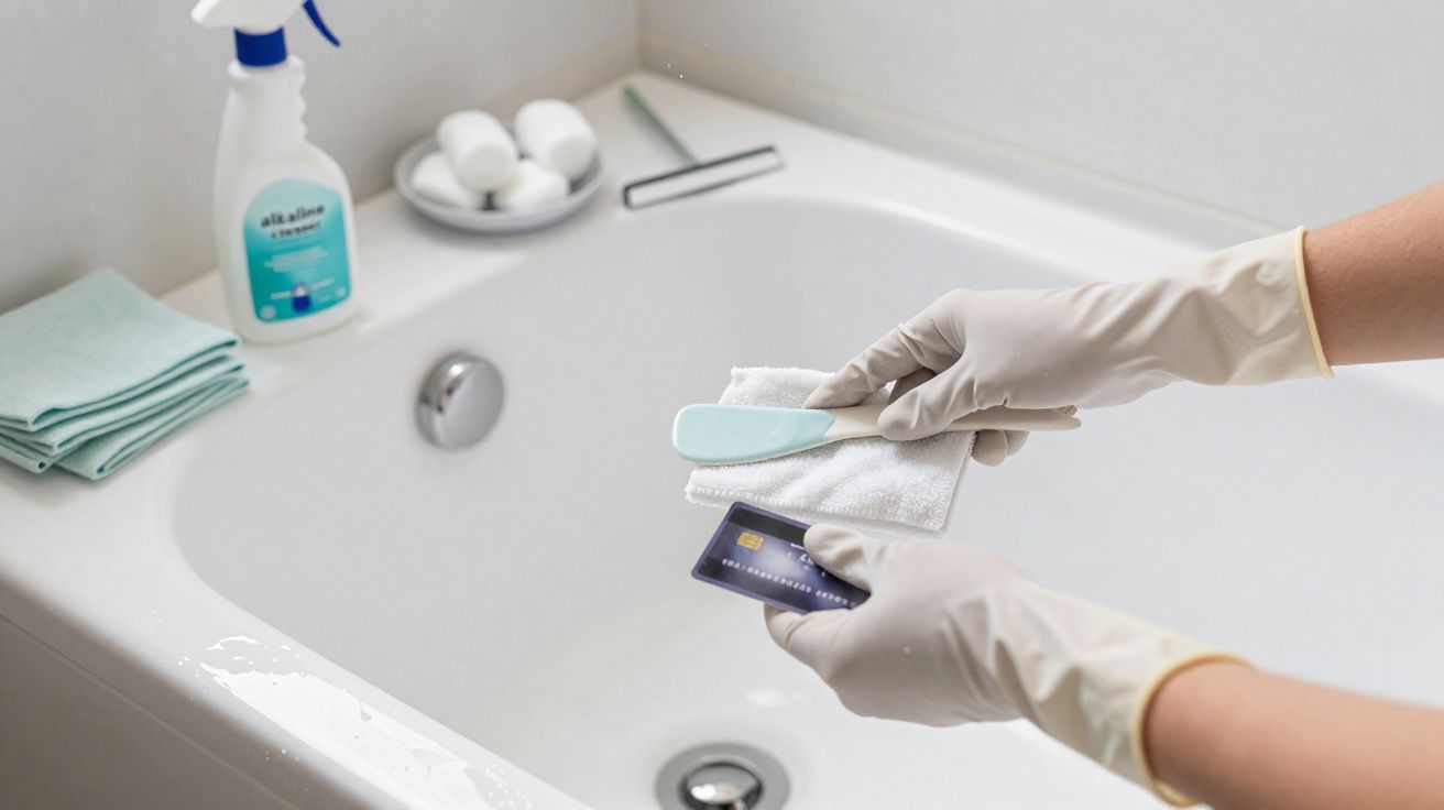 Pessoa com luvas segurando cartão de crédito e esponja dentro de banheira branca, ao lado produtos de limpeza.