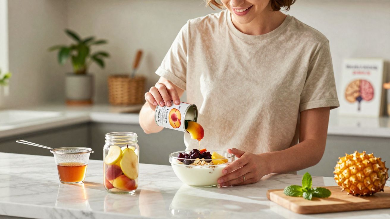 Mulher sorrindo prepara tigela de iogurte com frutas e xarope em cozinha clara e moderna.